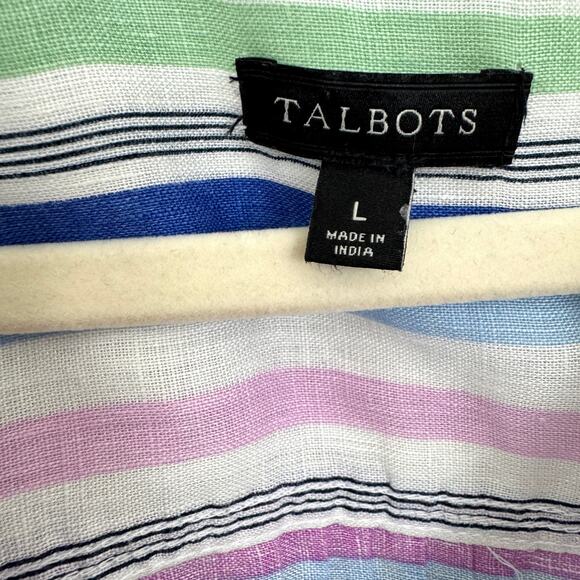 Talbots Womens Blouse Tunic Top Size L 100% Linen Stripes Roll Tab Pastel - Picture 2 of 6